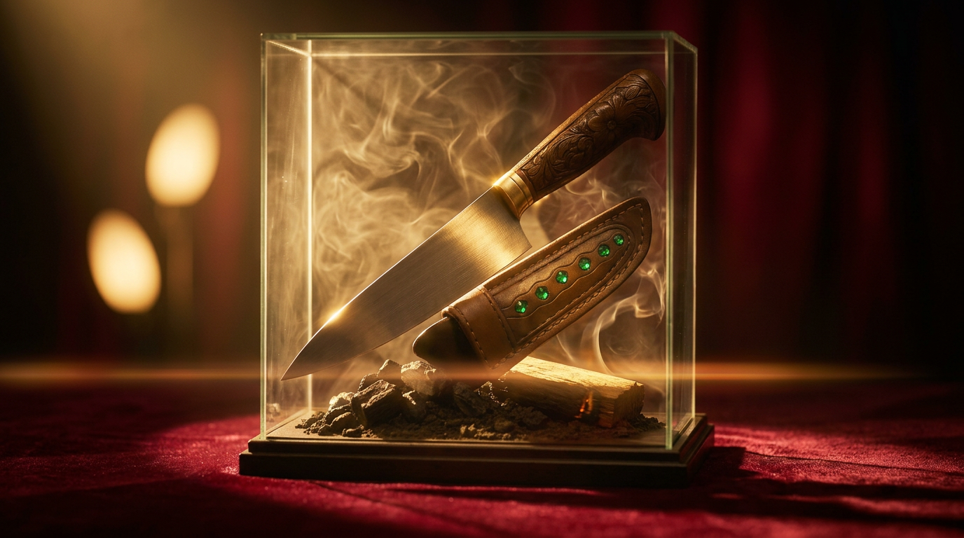 Cuchillo Dorado — Trofeo artesanal del festival A Comer Gourmet, construido con materiales emblemáticos de Boyacá